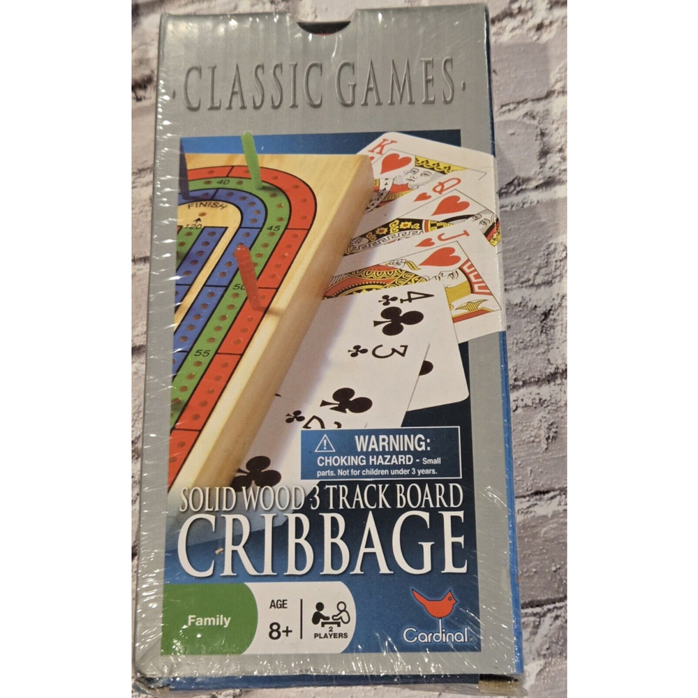 Cardinal Solid Wood 3 Track Cribbage Board Game 2 Player-2007 New & Sealed